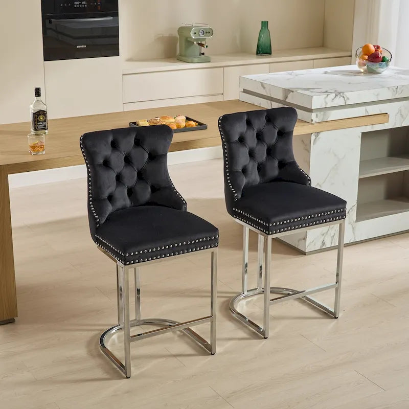 Lot de 2 tabourets de bar modernes 25 avec dossier capitonné, garniture cloutée, pieds en métal chromé, pour salle à manger, salon et chambre