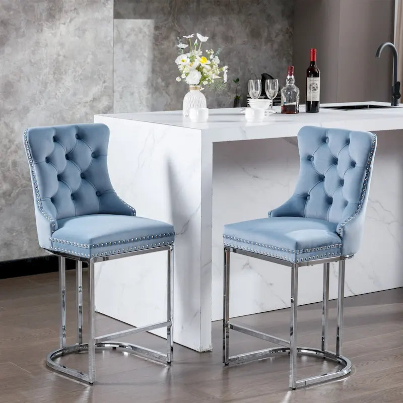 Lot de 2 tabourets de bar modernes 25 avec dossier capitonné, garniture cloutée, pieds en métal chromé, pour salle à manger, salon et chambre