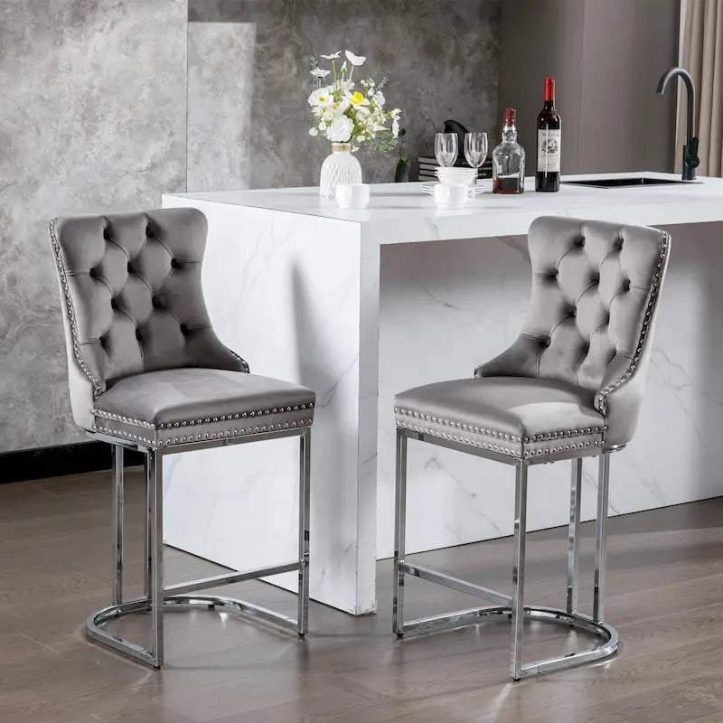 Lot de 2 tabourets de bar modernes 25 avec dossier capitonné, garniture cloutée, pieds en métal chromé, pour salle à manger, salon et chambre