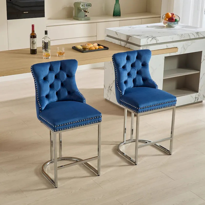 Lot de 2 tabourets de bar modernes 25 avec dossier capitonné, garniture cloutée, pieds en métal chromé, pour salle à manger, salon et chambre