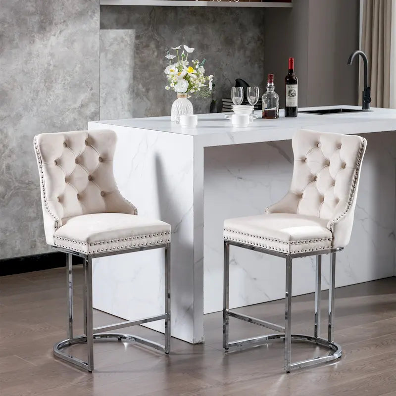 Lot de 2 tabourets de bar modernes 25 avec dossier capitonné, garniture cloutée, pieds en métal chromé, pour salle à manger, salon et chambre