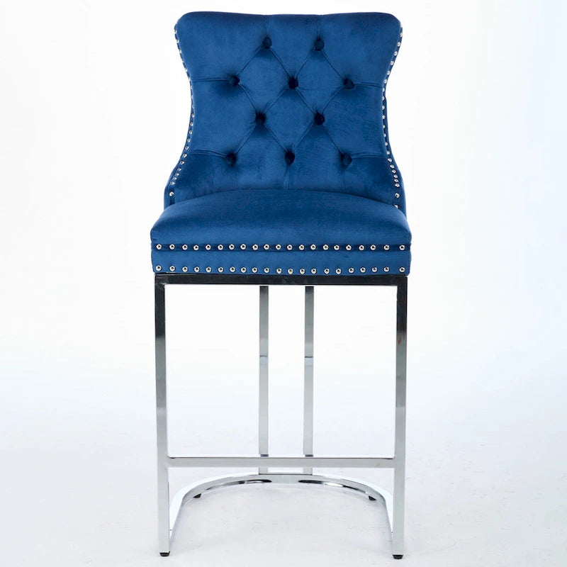 Lot de 2 tabourets de bar modernes 25 avec dossier capitonné, garniture cloutée, pieds en métal chromé, pour salle à manger, salon et chambre