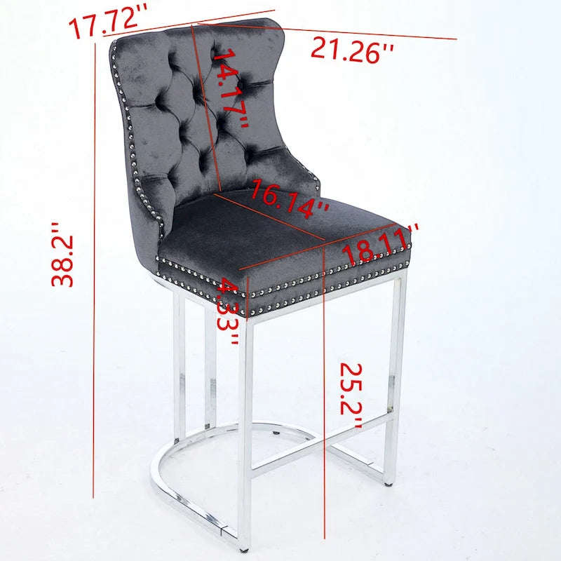 Lot de 2 tabourets de bar modernes 25 avec dossier capitonné, garniture cloutée, pieds en métal chromé, pour salle à manger, salon et chambre