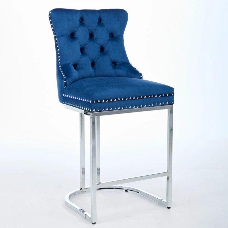 Lot de 2 tabourets de bar modernes 25 avec dossier capitonné, garniture cloutée, pieds en métal chromé, pour salle à manger, salon et chambre
