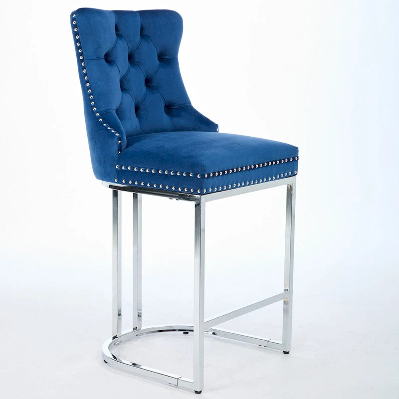 Lot de 2 tabourets de bar modernes 25 avec dossier capitonné, garniture cloutée, pieds en métal chromé, pour salle à manger, salon et chambre