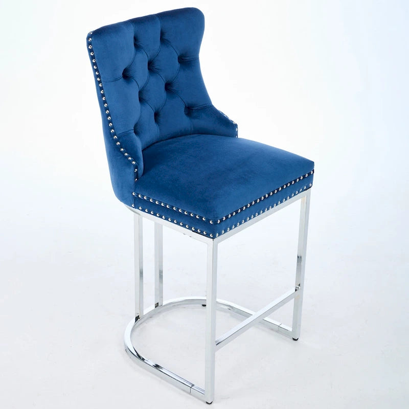 Lot de 2 tabourets de bar modernes 25 avec dossier capitonné, garniture cloutée, pieds en métal chromé, pour salle à manger, salon et chambre