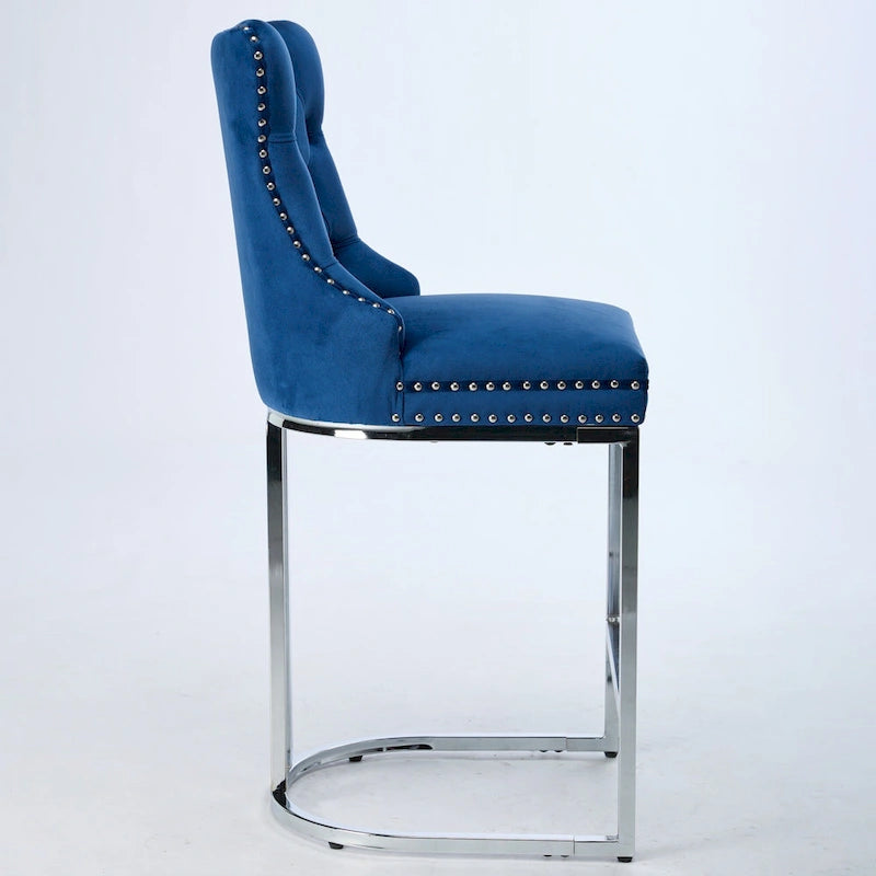 Lot de 2 tabourets de bar modernes 25 avec dossier capitonné, garniture cloutée, pieds en métal chromé, pour salle à manger, salon et chambre
