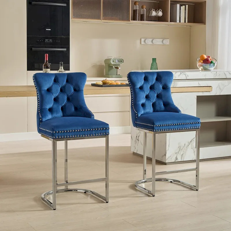 Lot de 2 tabourets de bar modernes 25 avec dossier capitonné, garniture cloutée, pieds en métal chromé, pour salle à manger, salon et chambre