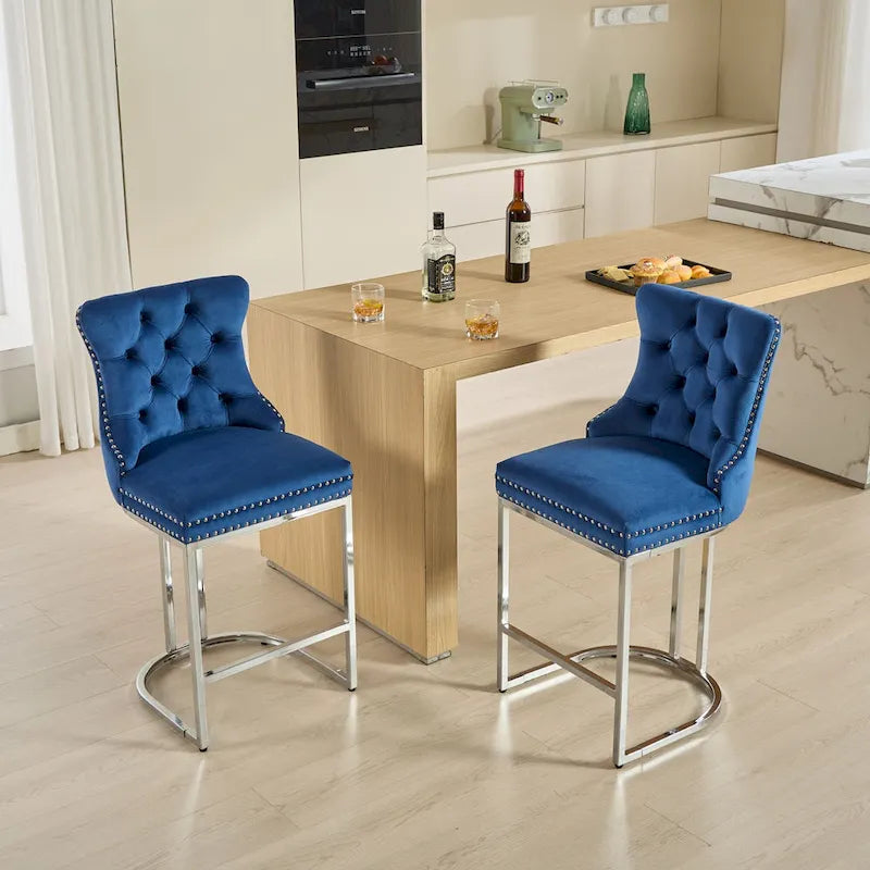 Lot de 2 tabourets de bar modernes 25 avec dossier capitonné, garniture cloutée, pieds en métal chromé, pour salle à manger, salon et chambre