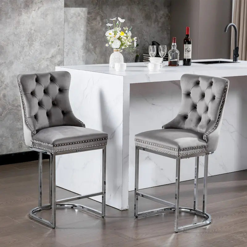 Lot de 2 tabourets de bar modernes 25 avec dossier capitonné, garniture cloutée, pieds en métal chromé, pour salle à manger, salon et chambre