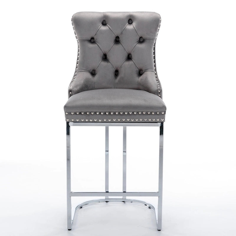 Lot de 2 tabourets de bar modernes 25 avec dossier capitonné, garniture cloutée, pieds en métal chromé, pour salle à manger, salon et chambre