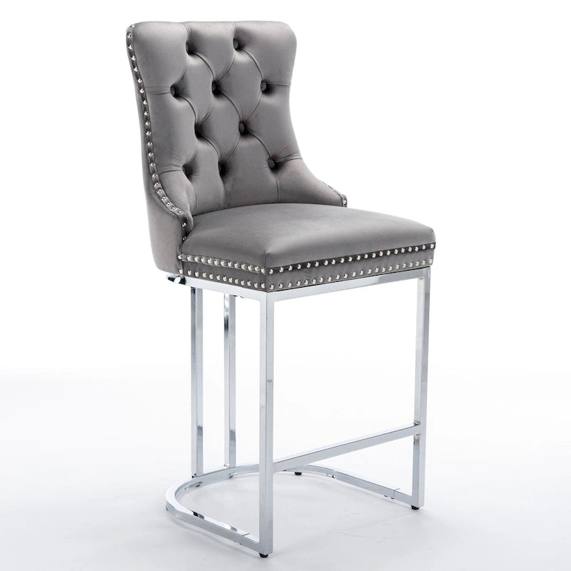 Lot de 2 tabourets de bar modernes 25 avec dossier capitonné, garniture cloutée, pieds en métal chromé, pour salle à manger, salon et chambre