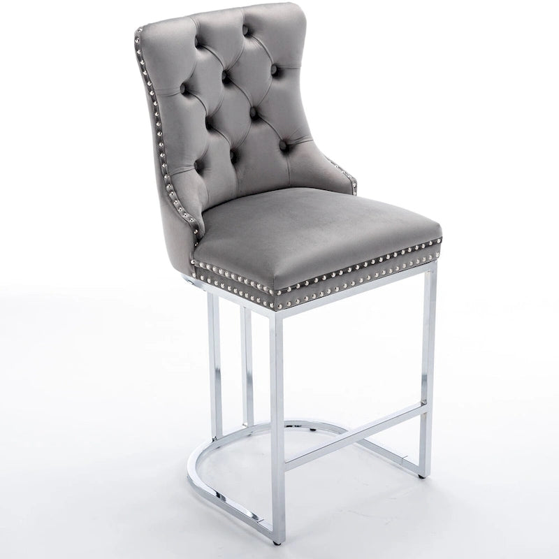 Lot de 2 tabourets de bar modernes 25 avec dossier capitonné, garniture cloutée, pieds en métal chromé, pour salle à manger, salon et chambre