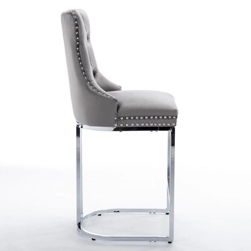 Lot de 2 tabourets de bar modernes 25 avec dossier capitonné, garniture cloutée, pieds en métal chromé, pour salle à manger, salon et chambre
