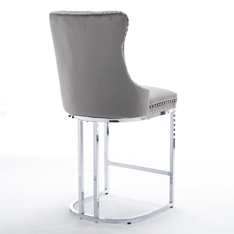 Lot de 2 tabourets de bar modernes 25 avec dossier capitonné, garniture cloutée, pieds en métal chromé, pour salle à manger, salon et chambre