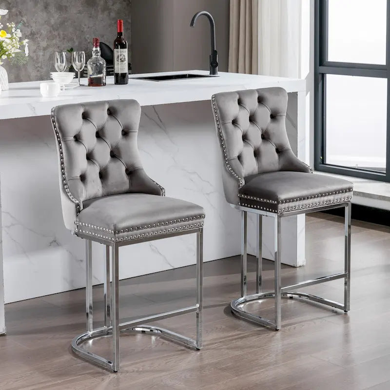 Lot de 2 tabourets de bar modernes 25 avec dossier capitonné, garniture cloutée, pieds en métal chromé, pour salle à manger, salon et chambre