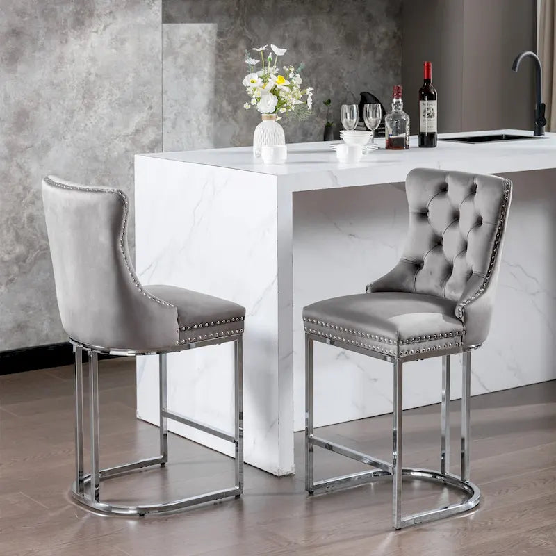 Lot de 2 tabourets de bar modernes 25 avec dossier capitonné, garniture cloutée, pieds en métal chromé, pour salle à manger, salon et chambre