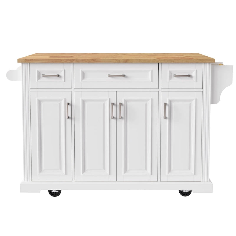 Grand îlot de cuisine avec rabat en bois, desserte de cuisine roulante texturée en relief avec portes et tiroirs avec rangement pour la cuisine, blanc