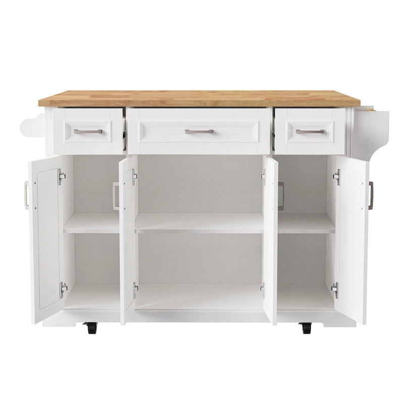 Grand îlot de cuisine avec rabat en bois, desserte de cuisine roulante texturée en relief avec portes et tiroirs avec rangement pour la cuisine, blanc