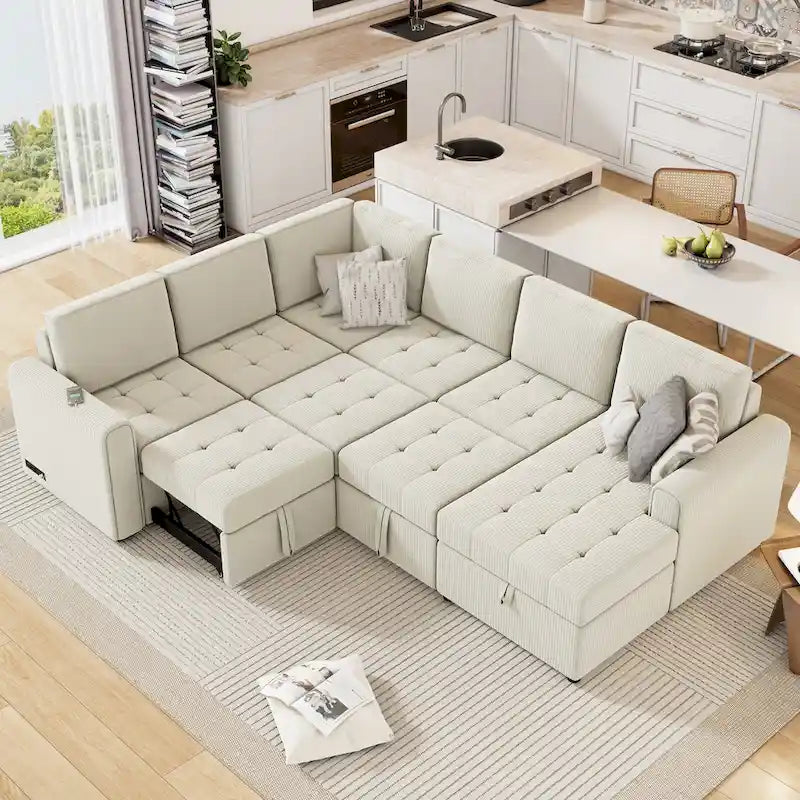 Roomfitters U-Shaped Sectional Sofa Pull-Out Bed with Storage Chaise Lounge and Built-In Charging Devices for Living Room