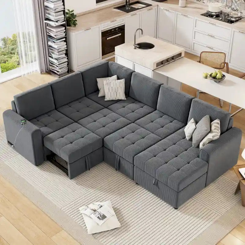 Canapé d'angle en U avec lit gigogne, méridienne de rangement et dispositifs de chargement intégrés pour salon
