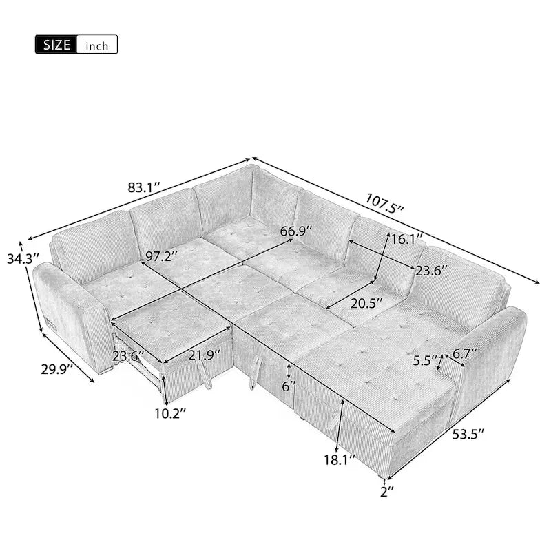 Canapé d'angle en U avec lit gigogne, méridienne de rangement et dispositifs de chargement intégrés pour salon
