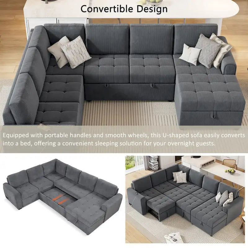 Canapé d'angle en U avec lit gigogne, méridienne de rangement et dispositifs de chargement intégrés pour salon
