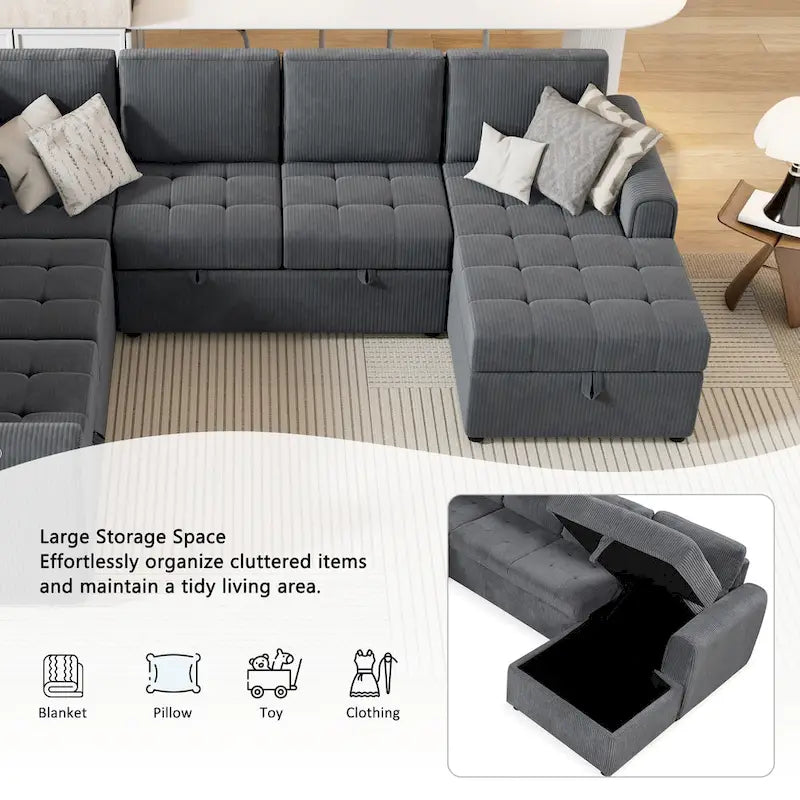 Canapé d'angle en U avec lit gigogne, méridienne de rangement et dispositifs de chargement intégrés pour salon