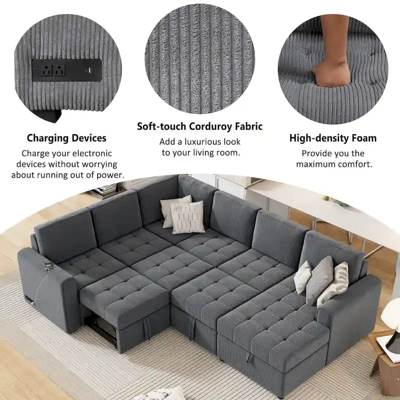 Canapé d'angle en U avec lit gigogne, méridienne de rangement et dispositifs de chargement intégrés pour salon