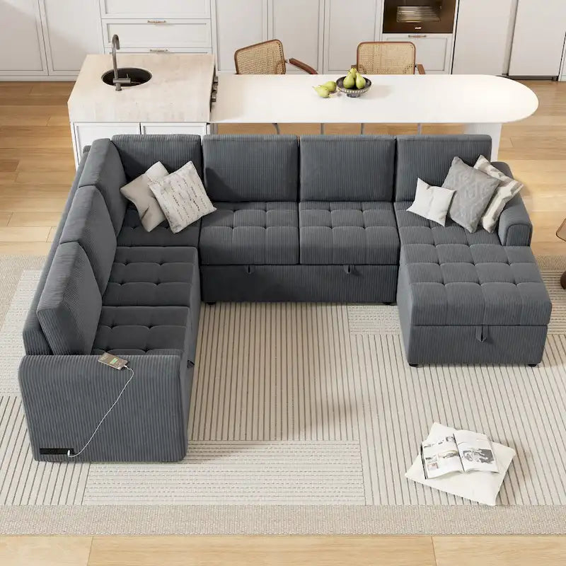 Canapé d'angle en U avec lit gigogne, méridienne de rangement et dispositifs de chargement intégrés pour salon