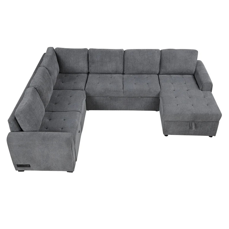 Canapé d'angle en U avec lit gigogne, méridienne de rangement et dispositifs de chargement intégrés pour salon