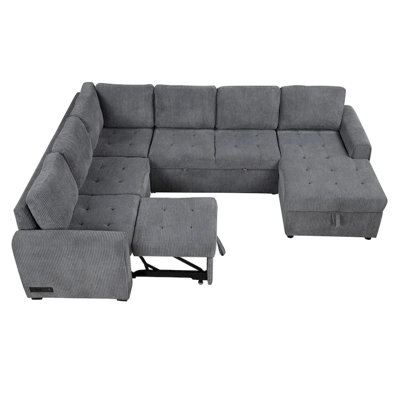 Canapé d'angle en U avec lit gigogne, méridienne de rangement et dispositifs de chargement intégrés pour salon
