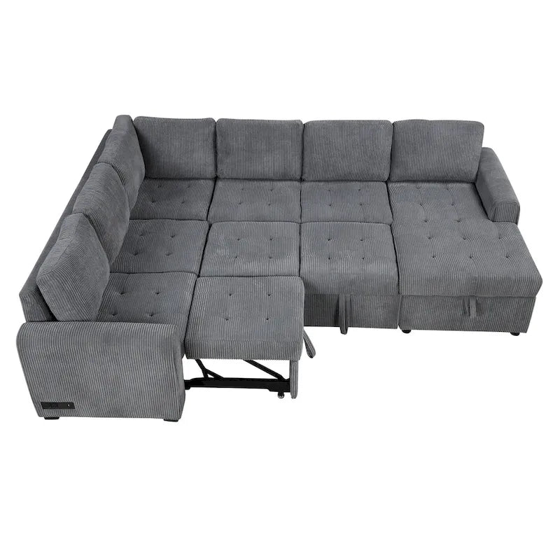 Canapé d'angle en U avec lit gigogne, méridienne de rangement et dispositifs de chargement intégrés pour salon