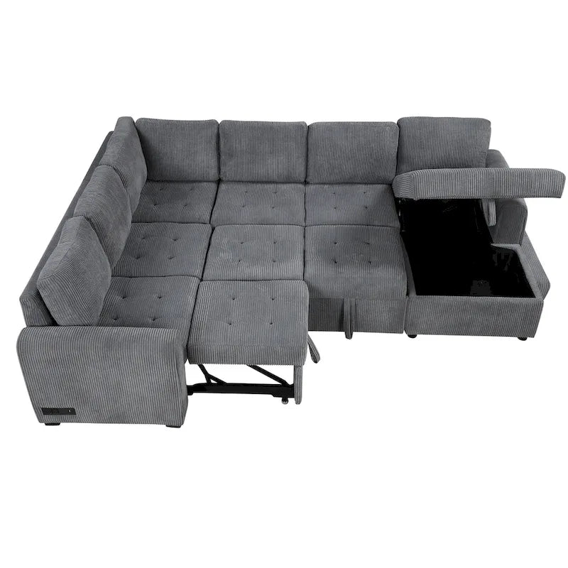 Canapé d'angle en U avec lit gigogne, méridienne de rangement et dispositifs de chargement intégrés pour salon