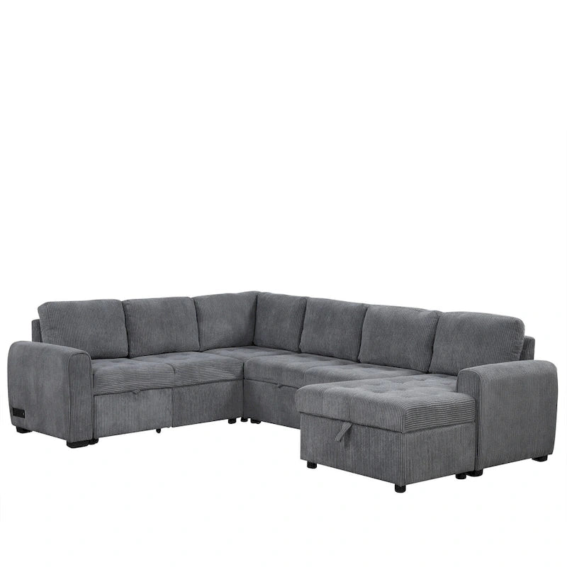 Canapé d'angle en U avec lit gigogne, méridienne de rangement et dispositifs de chargement intégrés pour salon
