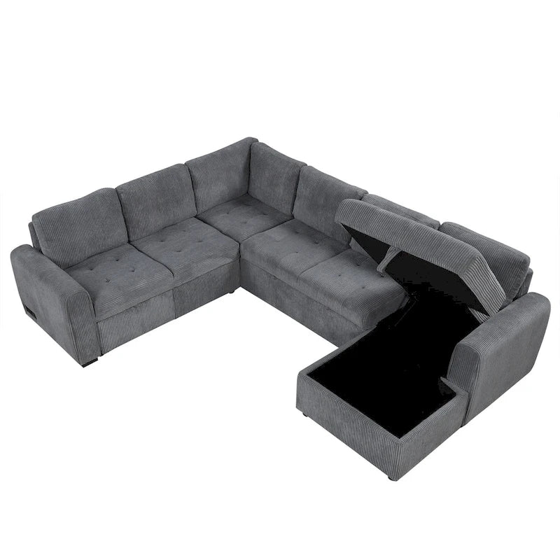 Canapé d'angle en U avec lit gigogne, méridienne de rangement et dispositifs de chargement intégrés pour salon