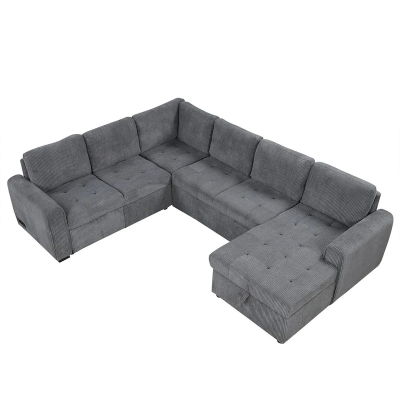 Canapé d'angle en U avec lit gigogne, méridienne de rangement et dispositifs de chargement intégrés pour salon