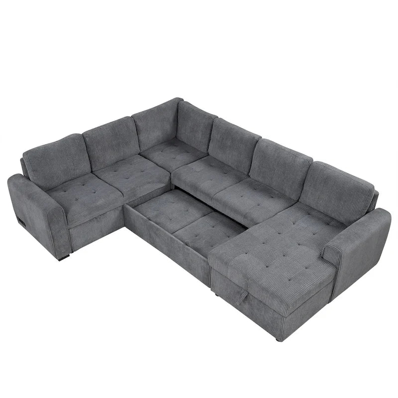 Canapé d'angle en U avec lit gigogne, méridienne de rangement et dispositifs de chargement intégrés pour salon