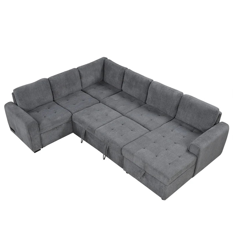 Canapé d'angle en U avec lit gigogne, méridienne de rangement et dispositifs de chargement intégrés pour salon