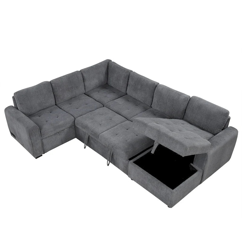 Canapé d'angle en U avec lit gigogne, méridienne de rangement et dispositifs de chargement intégrés pour salon
