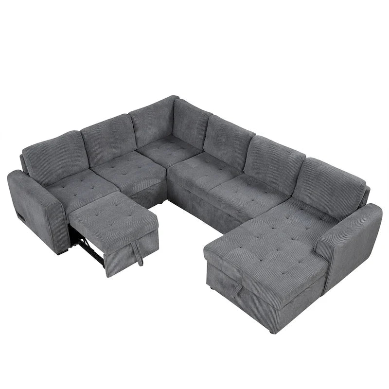 Canapé d'angle en U avec lit gigogne, méridienne de rangement et dispositifs de chargement intégrés pour salon