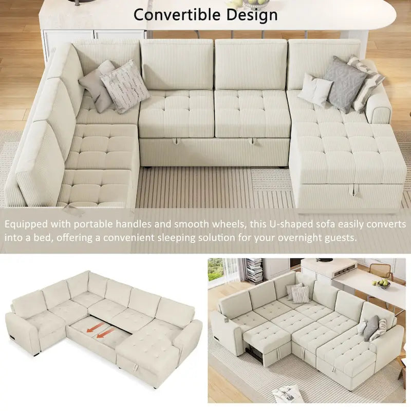 Canapé d'angle en U avec lit gigogne, méridienne de rangement et dispositifs de chargement intégrés pour salon