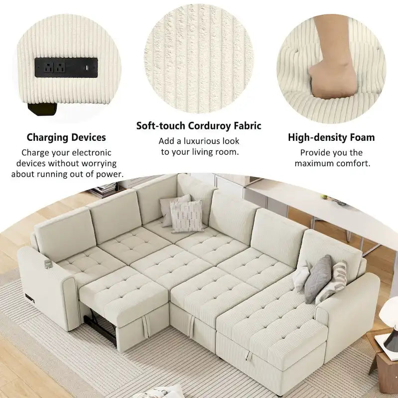 Canapé d'angle en U avec lit gigogne, méridienne de rangement et dispositifs de chargement intégrés pour salon