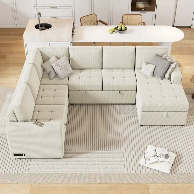 Canapé d'angle en U avec lit gigogne, méridienne de rangement et dispositifs de chargement intégrés pour salon