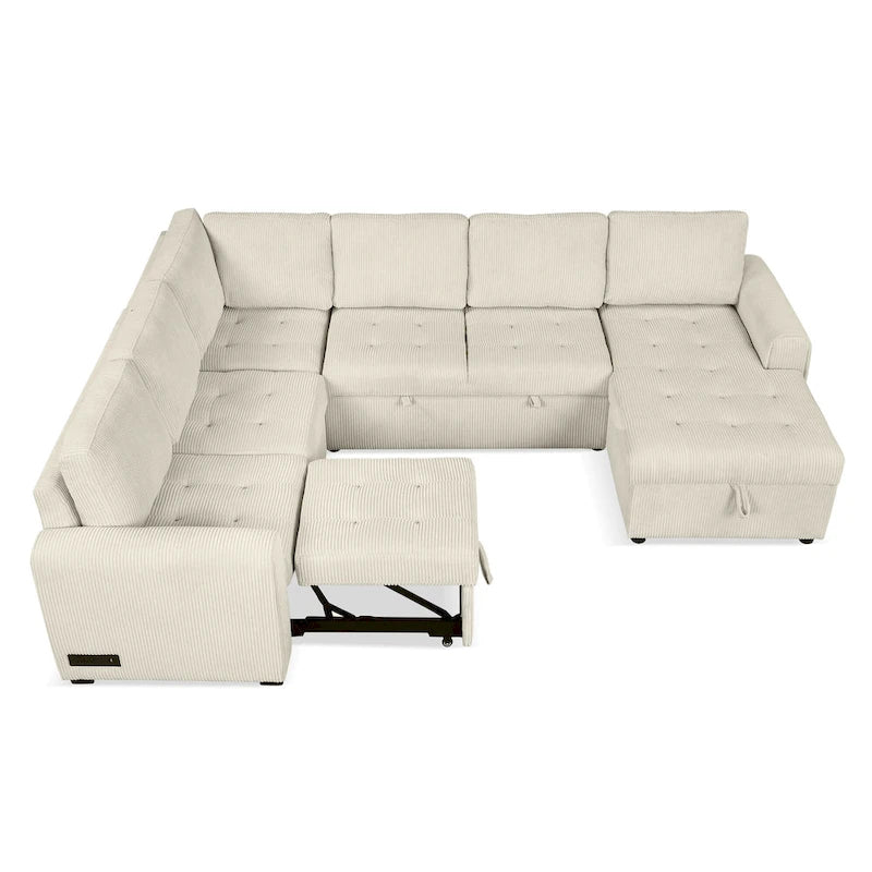 Canapé d'angle en U avec lit gigogne, méridienne de rangement et dispositifs de chargement intégrés pour salon