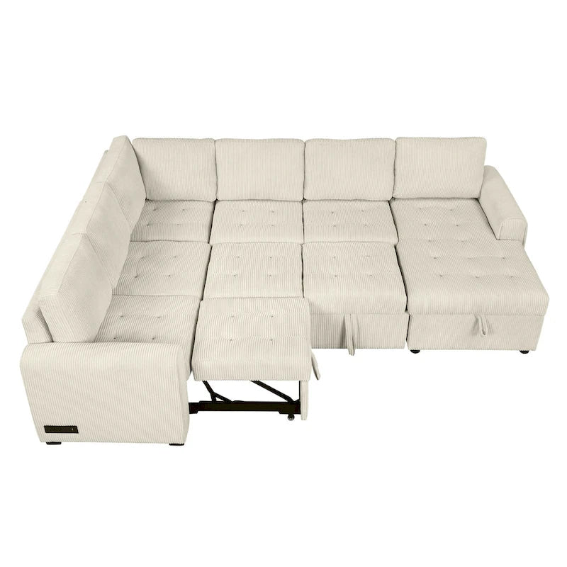 Canapé d'angle en U avec lit gigogne, méridienne de rangement et dispositifs de chargement intégrés pour salon