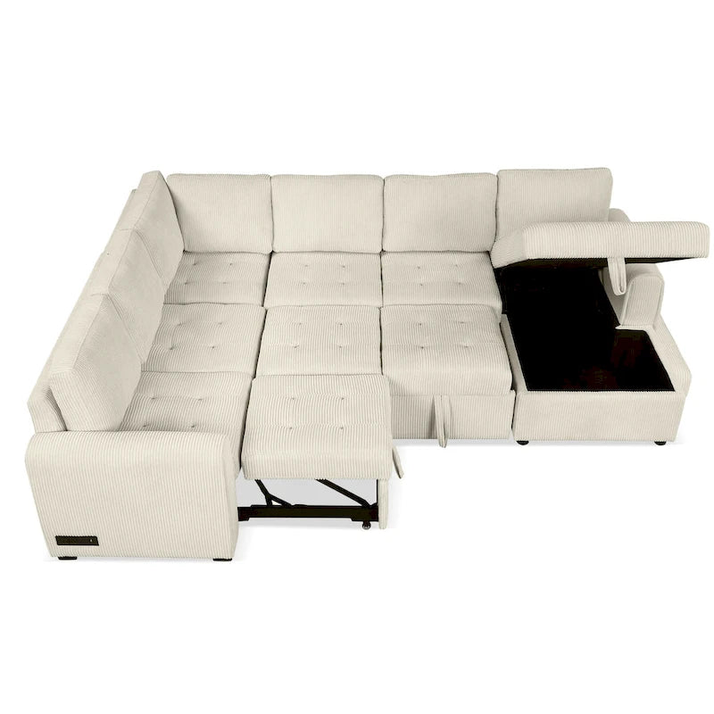Canapé d'angle en U avec lit gigogne, méridienne de rangement et dispositifs de chargement intégrés pour salon