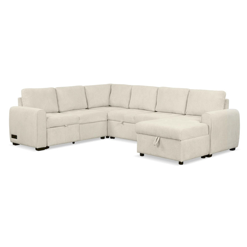 Canapé d'angle en U avec lit gigogne, méridienne de rangement et dispositifs de chargement intégrés pour salon