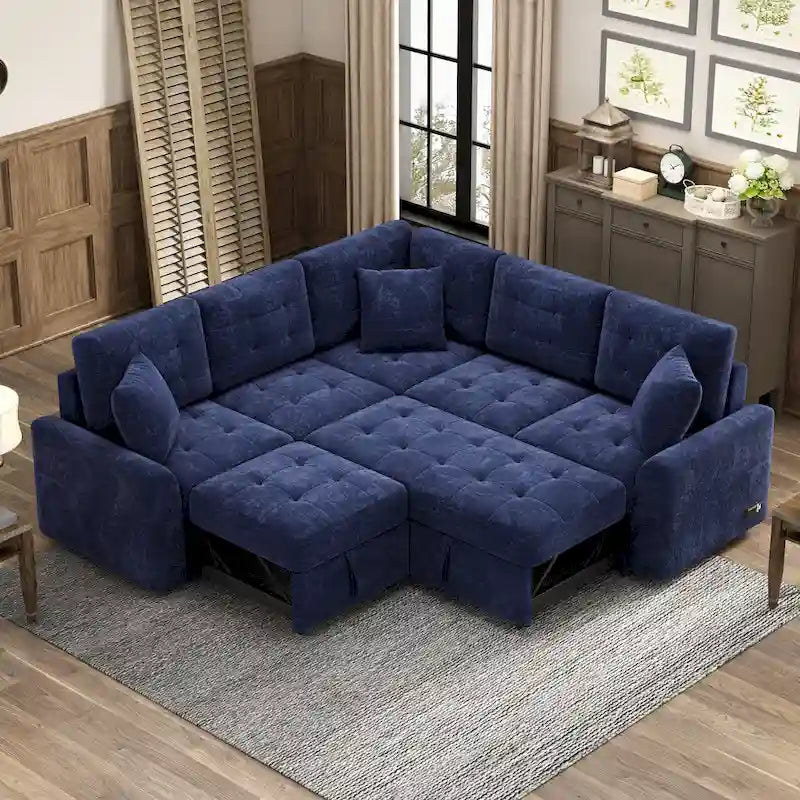 Roomfitters Pull-Out L-Shape Sofa Bed with Wheels, USB Ports, and Power Sockets, Functional Sleeper Sofa for Living Room Comfort