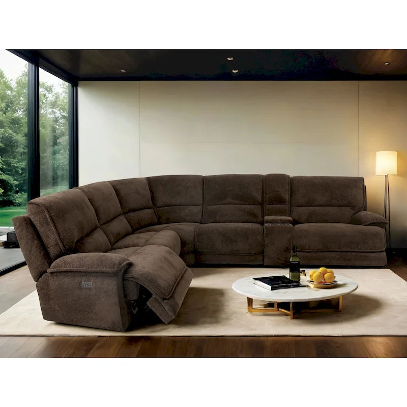 Sectionnel inclinable moderne marron foncé avec console et ports USB